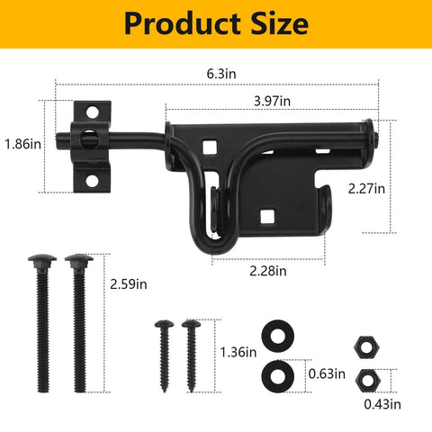 Heavy Duty Slide Bolt Gate Latch With Padlock Hole, metal sliding bolt with screws, carbon steel, dimensions shown for outdoor use