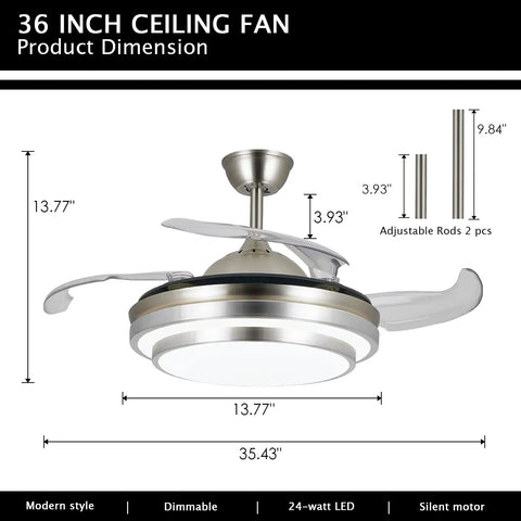 36 Inch Retractable Ceiling Fan With Lights And Remote Smart Dimmable Led Fandelier Lit For Kitchen Bedroom Living Room Dining Room