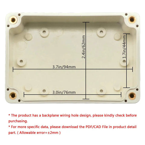 Rock Solid Abs Plastic Junction Box With Clear Cover IP65 Waterproof Electrical Enclosure For Diy Projects No Fuss Assembly Sturdy Dust Proof Shell Measuring 3.9 X 2.7 X 2 Inches showing interior dimensions and wiring holes.