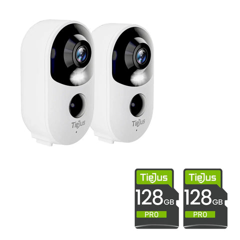 Two white Outdoor Battery Powered Security Cam With 3MP HD Night Vision 2 Way Audio PIR Motion Detection Spotlight And Siren 2.4GHz WiFi IP66 Weatherproof Cloud Or SD Storage, with 128GB SD cards.
