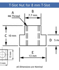 Technical diagram of T-slot nut for 8 mm T-slot, part of Heavy Duty Clamping Kit For 8 Mm T Slot Milling Machines, 44 Piece Set