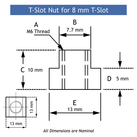 Technical diagram of T-slot nut for 8 mm T-slot, part of Heavy Duty Clamping Kit For 8 Mm T Slot Milling Machines, 44 Piece Set