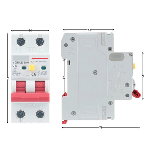 Pro Grade Heavy Duty Two Pole Residual Current Circuit Breaker With Ironclad 30mA Grounding And Overload Tripping Switch for 230V 16 Amps dimensions