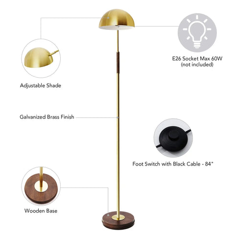 Gold Floor Lamp With Arc Design In Mid Century Modern Style Adjustable Arm Aged Brass Finish 59 Inch Vintage Task Lamp details