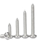 Five 304 Stainless Steel Hex Socket Round Head Tapping Screws Pack Of 200 M2.6 12mm Six Lobed Wood Screws displayed upright