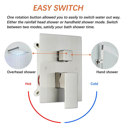Brushed Nickel Shower System With 12 Inch LED Rainfall Shower Head, Brass Handheld Combo, close-up of easy switch valve