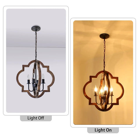 Farmhouse Wood Orb Chandelier With Four Lights, Rustic Pendant Lighting For Kitchen Island, light off and on views.