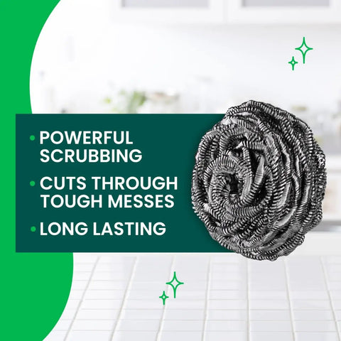 Three Pack Stainless Steel Dish Scrubbers That Power Through Tough Grease And Burnt On Messes Heavy Duty Metal Scrub Pads Closeup