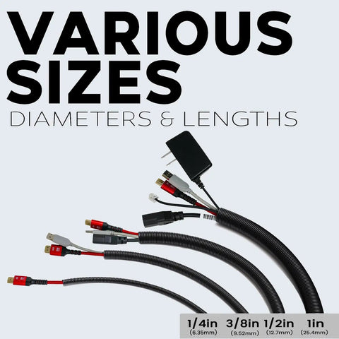 Various sizes of Three Pack Black Pro Grade Split Wire Loom Kit Convoluted Tubing with cables inserted.