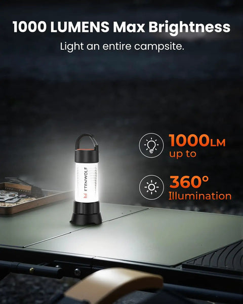 Ultra Bright Camping Lantern With 1000LM LED Floodlight And 5000mAh Battery on table illustrating 1000 lumens brightness
