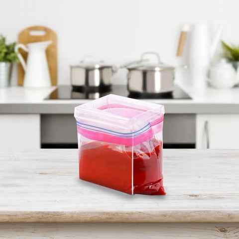 2 Pack Acrylic Food Prep Bag Holder Stand with red sauce in kitchen, Universal Bag Rack For Kitchen And Picnics, Space Saving Design