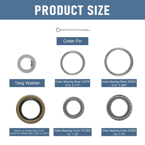 Heavy Duty Trailer Hub Bearing Kit For 5200-7000 Lb Tandem Axles, Set Of 4, with cones, races, seals, cotter pin, and washers