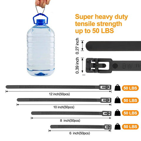 100 Pack Reusable Zip Ties 8 Inch Heavy Duty Outdoor UV Resistant Releasable 60 Lb Black Cable Ties holding water jug
