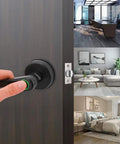 4 In 1 Fingerprint Smart Door Lock With Touchscreen Keypad And Bluetooth App Control, shown in home and office settings