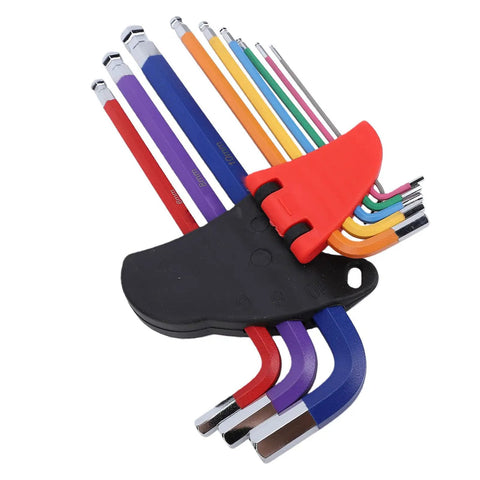 Awesome 9-Piece Colored Metric Hex Key Set With Ball End Wrenches Made From Hardened Crv And S2 Steel Perfect For Bike Repair Furniture Building And Electrical Fixes With Non Slip Grip And Super Durable Color Coded Design. 9-piece metric hex key set with color-coded ball-end wrenches in stand
