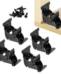 Heavy Duty Folding Brackets 4 Pack With Screws, Self Locking Steel Hinges For Table Legs Bed Frames And Workbenches, Rock Solid Legit Job Site Support Brackets In Black, showing four brackets and screws.