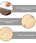 Rock Solid Silicone Cabinet Door Bumpers With Hella Strong Adhesive, Clear Furniture Protectors For Walls Drawers And Shower Doors, 6 Pack Easy Peel Stick Guards showing flexible PVC and adhesive application.