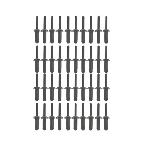Assorted polyoxymethylene fasteners in a grid; part of the Heavy Duty Alloy Steel Rivet Gun Assortment Kit, 41 Piece.
