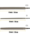 Eight Inch Carbon Steel Wood Rasp File Set Three Piece Kit showing flat and half round teeth for woodworking projects.