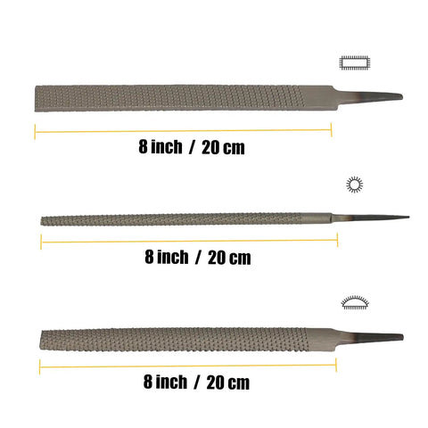 Eight Inch Carbon Steel Wood Rasp File Set Three Piece Kit showing flat and half round teeth for woodworking projects.