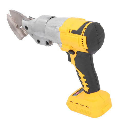Heavy Duty Cordless Metal Shear Cutter With Powerful Brushless Motor, 20V Li Ion Battery, High Torsion Electric Scissor For Garage And DIY Projects, Yellow Finish, Smooth And Accurate Cutting Action shown from the side.