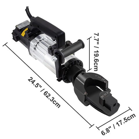 Heavy Duty 1500W Electric Rebar Bender Hydraulic Steel Bar Bending Machine dimensions showing 24.5x6.8x7.7 inches.
