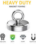 Heavy Duty Neodymium Rare Earth Fishing Magnet With 90 Pounds Pulling Force, round magnet with lifting eye bolt displayed with features icons.