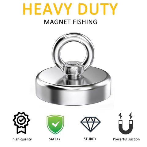 Heavy Duty Neodymium Rare Earth Fishing Magnet With 90 Pounds Pulling Force, round magnet with lifting eye bolt displayed with features icons.