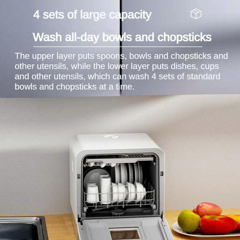 Compact Countertop Dishwasher For Four Place Settings Portable Kitchen Workhorse showing upper and lower racks for dishes and utensils.