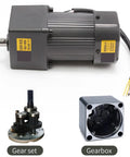 Gray 90W AC110V gear motor with 75RPM, shown with separate gear set and square gearbox