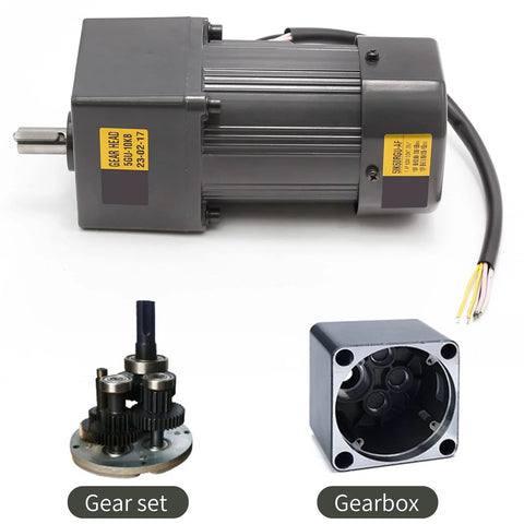 Gray 90W AC110V gear motor with 75RPM, shown with separate gear set and square gearbox