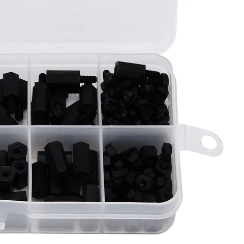 Game Changing M3 Nylon Hex Standoff Screw Nut Kit 180 Piece Assortment in clear storage box with black nuts and standoffs.