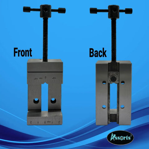 Front and back view of Mini 2 Inch Steel Vise for Precision Workholding in Machining and Engineering Compact 50 mm Jaw Vise.