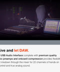 Dope 24 Track Recording Studio Mixer And USB Interface With Onboard EQ, connected to laptop, analog control, dark setting