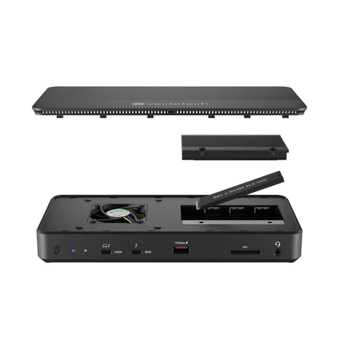 Top Shelf 12-In-1 Thunderbolt 5 Docking Station Featuring Integrated M.2 NVMe Bay showing ports and detachable cover.