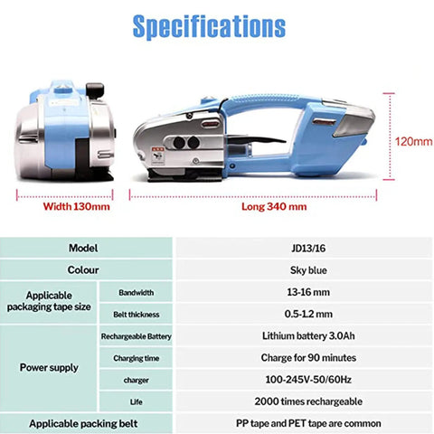 Heavy Duty Electric Strapping Machine Automatic Hot Welding Tool Handheld Portable Banding Kit dimensions and specifications on display.