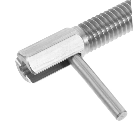 Pro Grade Stainless Steel Retractable Plunger Pin With Beefy L Shaped Thumb Knobs For Toolboxes Screens And Furniture close-up detail of pin head.