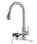 DEOLER Kitchen Faucets with Glass Rinser Single Handle High Arc Kitchen Sink Faucet with Pull Out Sprayer, 1 or 3 Hole, 360° Swivel, Brushed Nickel with water stream