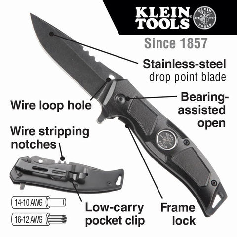 Klein Tools folding pocket knife with black handle, stainless blade, bearing-assisted flip, belt clip, front view.