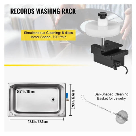 Ultasonic Parts Cleaner With Lid And Handle For Jewelry, Vinyl Records, Eyeglasses, Dentures, Contact Lenses, Coins, Metal Fasteners, And Small Tools. Portable Ultra Sound Washing Machine For Deep Cleaning Tough Grime At Home Or On Go. Includes records washing rack and cleaning basket.