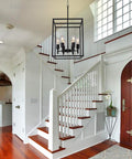 Black Classic Farmhouse 6 Light Pendant Chandelier With Square Cage Shades in entryway