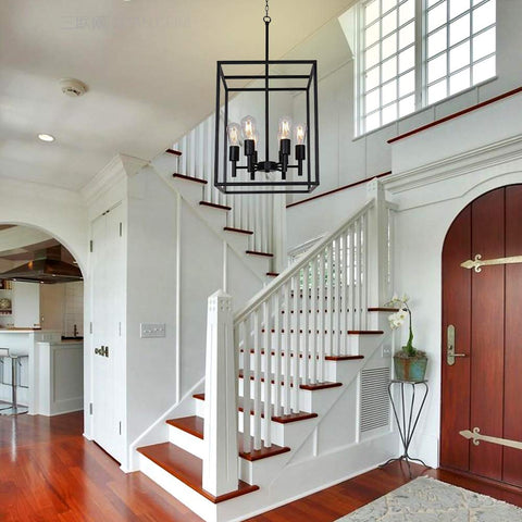 Black Classic Farmhouse 6 Light Pendant Chandelier With Square Cage Shades in entryway