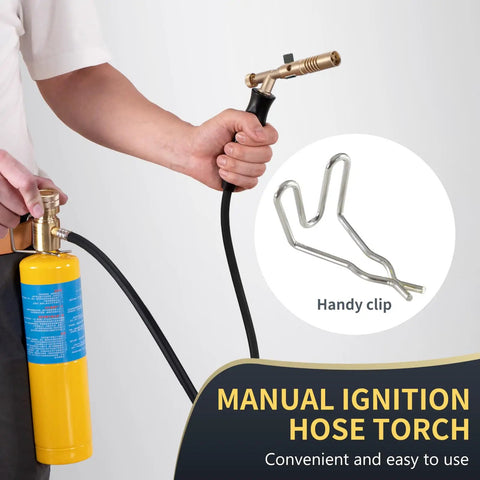 Heavy Duty Propane Torch Hose Kit 3.93 Ft With Adjustable Heat MAPP Torch Head 2600 Fahrenheit shown in hand with tank