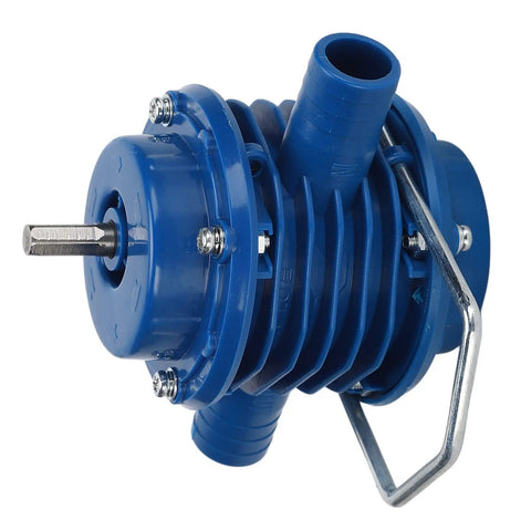 Mini Self Priming Drill Pump Hooks Up To Your Electric Drill To Shift Water Like A Champ During Aquarium Maintenance Sink Drainage Or Flood Cleanup While Featuring Thermal Overload Safety, blue plastic construction with attached hoses.
