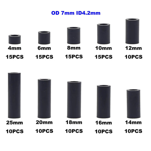 Black ABS Round Spacers Kit For M4 Screws, Unthreaded Standoffs, Metric 7Mm OD By 4.2Mm ID, 120 Pieces, 10 Sizes from 4Mm to 25Mm