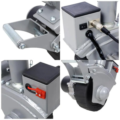 Srecell 5000 Lb Capacity Electric Trailer Dolly With 12V Motor And 350W Jockey Wheel close-up of motor, battery switch, and handle details.