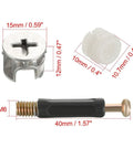 50 Pack Straight Up Heavy Duty 15X12MM Cam Fitting Dowel Kit With Preinserted Nut Joint Connector For Furniture Side Panel Hardware In Premium Silver Tone components, showing fittings, dowel, and nut.
