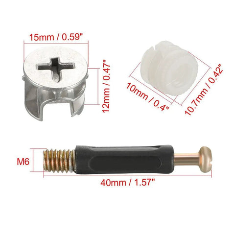 50 Pack Straight Up Heavy Duty 15X12MM Cam Fitting Dowel Kit With Preinserted Nut Joint Connector For Furniture Side Panel Hardware In Premium Silver Tone components, showing fittings, dowel, and nut.