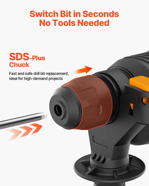 Close-up of SDS-Plus chuck on 1 Inch SDS Plus Rotary Hammer Drill With 8 Amp Corded Power Beefy Heavy Duty Demolition Hammer