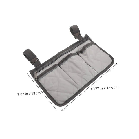 Gray Bed Rail Organizer Bag With Adjustable Strap And Four Storage Pockets for Caregivers, dimensions 12.77x7.07 inches
